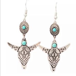 NWT Earrings Southwest Steer Silver Turquoise Pendant Rodeo Cowgirl